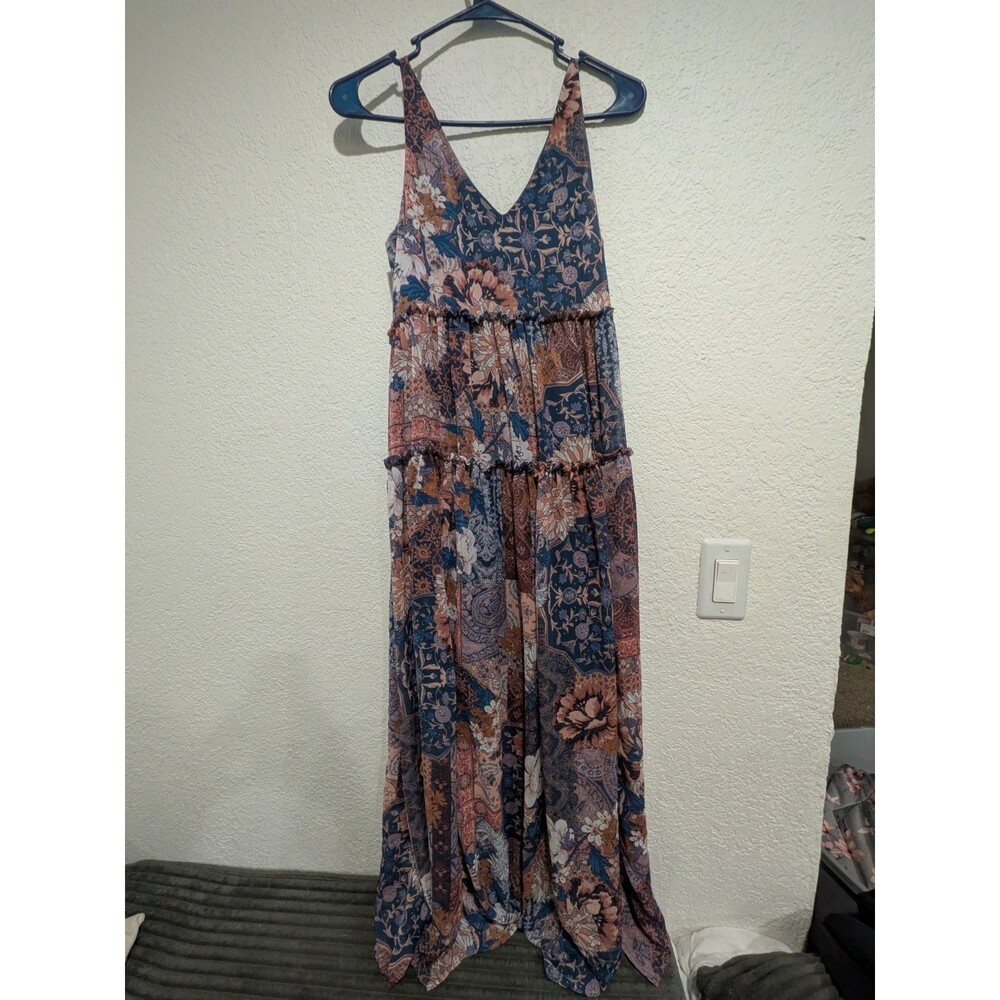 Maurices Boho Patchwork Tiered Maxi Dress V-Neck Floral Paisley Blue Pink small